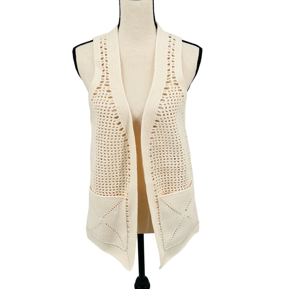 Hand Made Crochet Vest Vintage‎ Ivory Cream Knit Pockets Boho Hippie S-M
